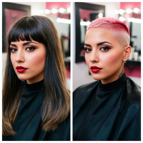 Pink Buzzcut Woman, Drastic Hair Change Before And After, Smooth Long Hair, Shorthair Undercut, Bald Haircut, Buzzcut Girl, Pink Pixie, Shaved Head Women, Skin Fade