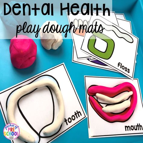 Dental Health play dough mats! Dental health themed activities and centers for preschool, pre-k, and kindergarten (FREEBIES too) #dentalhealththeme #preschool #pre-k #tooththeme Dental Health Preschool Activities, Dental Health Preschool Crafts, Dental Health Crafts, Dental Health Week, Dental Health Preschool, Centers For Preschool, Kids Dental Health, Dental Health Activities, Healthy Mouth