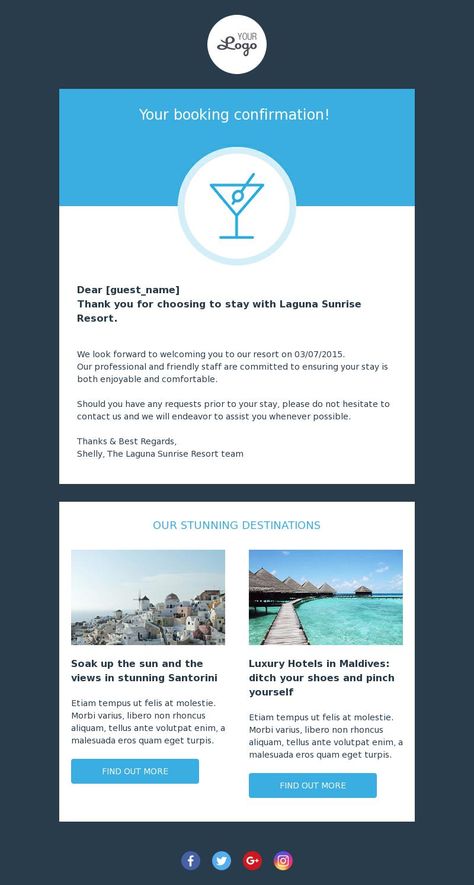 Booking confirmation | Transactional Email Template for Travel & Leisure - BEE Free Confirmation Email Template, Professional Email Templates, Airbnb Hosting, Html Email Templates, Email Layout, Hotel Ideas, Maldives Hotel, Bee Free, Email Marketing Template