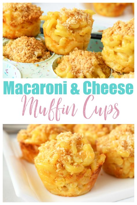 Macaroni and Cheese Muffin Cups. A 2 image collage of baked mac & cheese muffins with text in the center. Macaroni Muffin Cups, Mac And Cheese In Cupcake Tin, Macaroni And Cheese Muffins, Mac N Cheese Cups Muffin Tins, Macaroni And Cheese Cups Muffin Tins, Easy Fun Dinners, Baked Mac And Cheese Cups, Macaroni Cups, Daisy Food