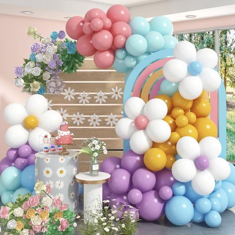 PRICES MAY VARY. ✨ Matching Party Decorations: Plum Blossom Clips x 4, 12-Inch Balloons (Light Blue x5, Lemon Yellow x5, Dirty Pink x5, Taro Purple x5, Baby Teal x5), 10-Inch Balloons (Light Blue x5, Yellow x5, Dirty Pink x5, Taro Purple x5, Baby Teal x5), 5-Inch Balloons (Light Blue x10, Yellow x14, Dirty Pink x10, Taro Purple x10, Baby Teal x10, White x20), 1 x Balloon Garland Strip, 2 x Rolled Balloon Glue Dots. 🎈High-quality balloon materials: All balloons are made from genuine natural late Yellow Balloon Arch, Flower Balloons Diy, Groovy Birthday Party, Daisy Decorations, Groovy Birthday, Balloon Garland Diy, Balloon Lights, Yellow Balloons, Balloon Kit