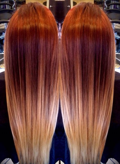 Red melting to blonde ombré balayage Red Blonde Ombre Hair, Hair Color Red, Brown Ombre Hair Color, Red And Blonde, Blonde Ombré, Blonde Ombre Balayage, Red Ombre Hair, Brown Ombre Hair, Ombre Hair Blonde