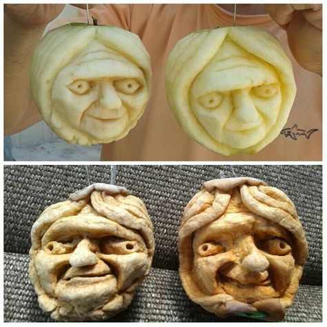 Apple carvings ... First day and then 3 weeks later ... My how they age Carved Apple Heads, Halloween Hosting, Apple Head Dolls, Apple Carving, Apple Dolls, Apple Ideas, Halloween Apples, Making Toys, Artsy Ideas