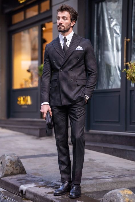 Redefine your formal wardrobe with the Viossi Black Striped Double-Breasted Suit 2-Piece. A blend of classic stripes and impeccable tailoring for the discerning individual. #viossifashion #menssuit #doublebreasted #classicstripes #tailoredelegance #sophisticatedstyle #formalwear #mensfashion #professionalattire #timelessclass Italian Men Style, Brown Suits For Men, Black Double Breasted Suit, Double Breasted Tuxedo, Suit Stores, Slim Fit Suit Men, Classy Suits, Slim Fit Tuxedo, Brown Suits