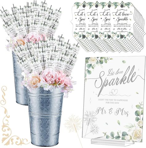 Greenery Wedding Sparkler Set, 150 Wedding Sparkler Tags, Let Love Sparkle Wedding Send off Acrylic Sign, 2 Galvanized Metal Buckets for Wedding Table Centerpiece Wedding Sparkler Tags, Sparkler Tags, Wedding Sayings, Let Love Sparkle, Galvanized Metal Bucket, Metal Buckets, Wedding Send Off, Wedding Sparklers, Silver Numbers