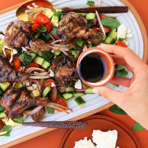 Cumin Dusted Lamb Chops with Turkish Salad Turkish Lamb, Turkish Salad, Grilled Side Dishes, Salt Free Seasoning, Simple Lunch, Grilling Sides, Pomegranate Molasses, Gluten Free Cheese, Fresh Mint Leaves