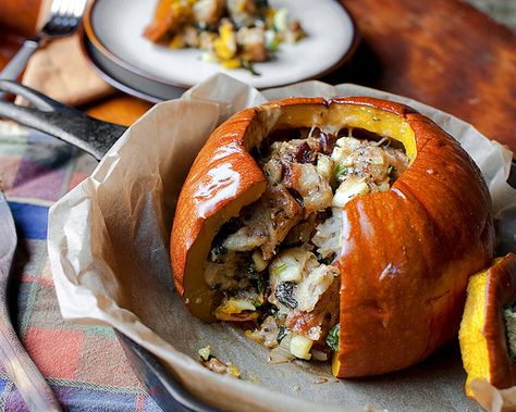 Forget the turkey—you need to serve your Thanksgiving stuffing inside a pumpkin. Get the recipe from Cheese and Chocolate. - Delish.com Stuffed Squash, Stuffed Pumpkin, Savory Pumpkin Recipes, Pumpkin Eater, Everything Good, Pantry Kitchen, Thanksgiving Stuffing, Sugar Pumpkin, Squash Recipes