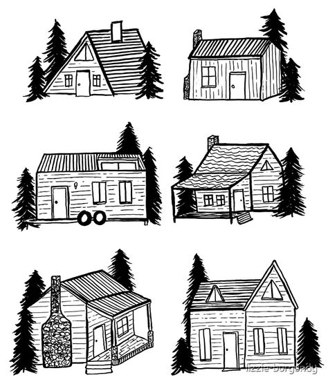 Tiny House / Cabin in the Wild Black and White Illustration • Entdecke einzigartige Designs und Motive von unabhängigen Künstlern. Simple Illustration Art, Cabin Tattoo, Wild Illustration, Simple House Drawing, House Doodle, Watercolor House Painting, Arte Doodle, House Simple, Simple Artwork