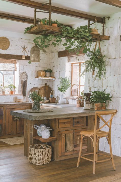 boho kitchen Boho Cabin Kitchen, Kitchen Boho Chic, Boho Cafe Design, Kitchen Bohemian Style, Boho Kitchen Table, Rustic Boho Kitchen, Boho Cabin, Boho Chic Kitchen, Boho Style Kitchen