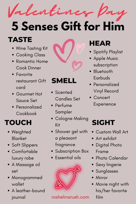 list full of valentines day 5 senses gifts 4 Senses Gift Ideas, Birthday Gifts For Boyfriend 5 Senses, Taste Sense Gift For Him, Idea For Gift For Boyfriend, Spoil Him Ideas, Physical Touch Gift Ideas, 5sense Gift For Him, Sense Gifts For Her, Taste Gifts For Him