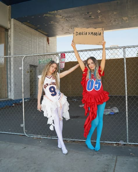 Every DARIA Y MARIA dress is a vintage sporty jersey decorated with ruffles, patches and rhinestones www.dariaymaria.shop Worldwide delivery👗 👯‍♀️ @vasilieva_dasha & @maria_viasilvia 📸 @artdavtian #dariaymaria #OMGFashun #celebritystylist #lafashion #lafashionweek #losangelesfashion #bloquettecore #jersey #upcycledjerseys Jersey Dress Outfit 2000s, Jersey Dress Outfit, Outfits 2000s, La Fashion Week, Los Angeles Style, La Fashion, Sporty Outfits, Dress Outfit, Stage Outfits