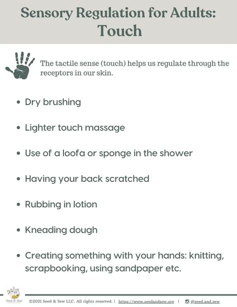 Sensory Regulation for adults.pdf Sensory Regulation For Adults, Sensory Adults, Sensory Regulation, Kneading Dough, Light Touch, Dry Brushing