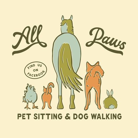 Custom logo and illustration for All Paws Pet Sitting and Dog Walking! (also my first time using procreate) The goal was to redesign her clip art logo of dogs to show all types of pets. We wanted a vintage/rustic feeling with fun earthy colors! Pet Sitting Logo, Dog Walking Logo, Animal Graphic Design, Rustic Logo, Horse Illustration, Pets Drawing, Animal Graphic, Pet Sitting, Dog Sitting