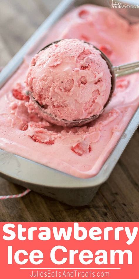 This homemade Strawberry Ice Cream Recipe is super creamy and delicious because it uses fresh strawberries! It's the perfect dessert on a hot summer day! #icecream #strawberry #recipe #julieseatsandtreats via @julieseats Strawberry Gelato, Fruity Ice Cream, Homemade Strawberry Ice Cream, Strawberry Ice Cream Recipe, Gelato Recipe, Yummy Ice Cream, Easy Ice Cream, Frosé, Homemade Ice Cream Recipes