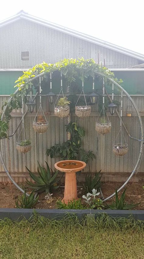 Upcycleit Facebook post by Kelly Hayward  This is my little work in progress. An old trampoline frame with some chicken wire to grow a passionfruit vine and the springs to hang baskets and solar lights at different levels. All of this are pieces collected from things that had broken and wouldve been headed to the tip.  Edit- Thanks for all the love guys! The frame is 7ft, and its supported by the bottom legs which are slightly buried and the side legs are bolted to the fence for extra stability Recycled Trampoline, Garden Trampoline, Old Trampoline, Backyard Fence Decor, Trampoline Springs, Recycled Garden, Backyard Paradise, Diy Yard, Trampolines