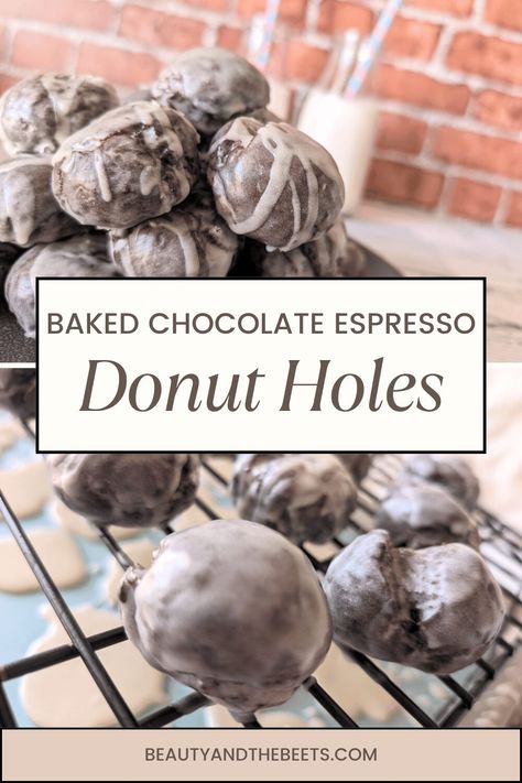 Baked Chocolate Espresso Donut Holes are a great way to start the morning- easy to make + easy to eat! No frying required. Christmas Donut Holes, Baked Donut Holes Recipe, Donut Hole Recipe Baked, Chocolate Donut Holes, Baked Donut Holes, Chocolate Doughnut, Breakfast Donuts, Baked Donut, Chocolate Doughnuts