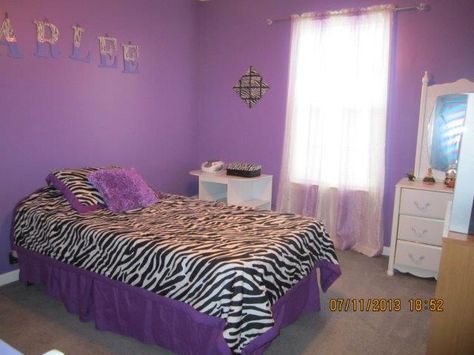 Fun bedroom! Purple gives the room a young vibe! The Zebra print is a wonderful contrast! Purple Y2k Bedroom, Purple Y2k Room, Purple 2000s Aesthetic, Lilac Room Ideas, Lilac Room Ideas Bedrooms, Purple Mcbling, Mcbling Room, Zebra Print Rooms, Emo Bedroom