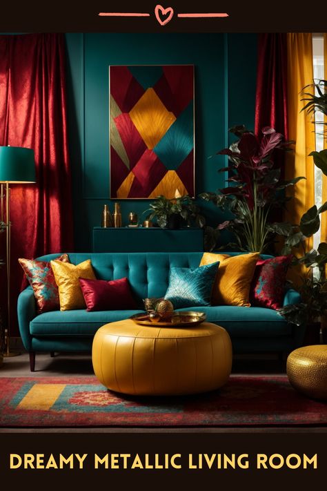 Unveil the magic of this jewel-tone living room, where luxury meets whimsy. The deep teal sofa, adorned with vibrant, richly hued pillows, invites a cozy retreat. A majestic artwork graces the wall, echoing the room's royal palette. Each piece, from the golden ottoman to the intricate rug, adds a touch of splendor. Surrounded by lush greenery and ambient lighting, this space is a testament to an opulent yet welcoming living experience, promising enchanted evenings. Colourful Sofa Ideas, Color Combos For Living Room, Modern Jewel Tone Bedroom, Deep Teal Living Room Ideas, Jewel Tone Cottage, Teal Rooms Ideas, Jewel Tone Lounge, Teal Pillows Living Room, Bright Walls Living Room