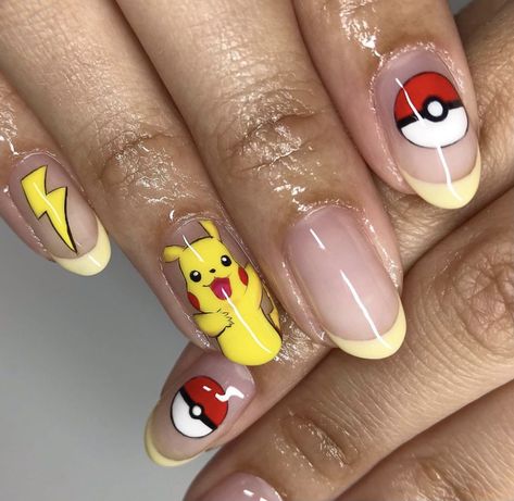 Pikachu Nails Pokemon, Pokemon Inspired Nails, Pokemon Nails Designs, Pikachu Nail Art, Cosplay Claws, Orlando Nails, Pokemon Nail Art, Pikachu Nails, Pokemon Nails