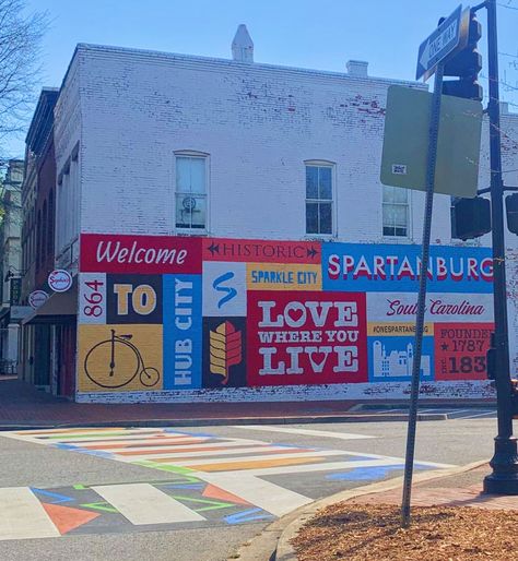 Spartanburg SC Main Street Wall Mural Spartanburg South Carolina, Street Wall, Spartanburg Sc, Main Street, Wall Mural, South Carolina, Wall Murals, Maine, Mural