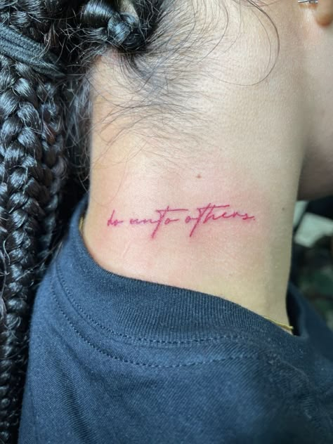 Tattoo In Red Ink Words, Back Red Ink Tattoo Women, Quote Neck Tattoos Women, Word Neck Tattoos Black Women, Tattoo Idea For Women Neck, Neck Red Tattoos Women, Letter Neck Tattoos Women, Red Small Neck Tattoos, Neck Tattoos Women Small Words