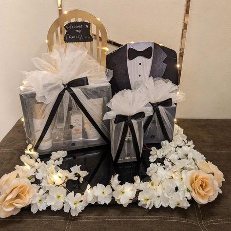 Welcoming groom hampers 💞 Wedding Hamper For Groom, Indian Wedding Gifts For Groom, Groom Hamper Ideas, Indian Wedding Hampers, Wedding Hampers For Groom, Indian Wedding Gifts, Wedding Gifts For Groom, Gift Packing, Welcome To The Family