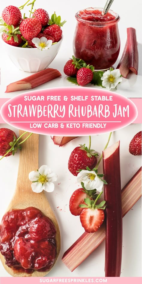 Low carb and keto-friendly strawberry rhubarb jam. This low carb jam recipe is shelf-stable for up to a year. Make a batch to stock your pantry for all your sugar-free baking. This jam is sticky and gelled perfectly and tastes just like an old fashioned homemade jam. You control the level of sweetness in this recipe too, so if you like it less sweet, you can reduce the sweetener. Keto Rhubarb Jam Recipes, Low Sugar Strawberry Rhubarb Jam, Keto Strawberry Rhubarb Recipes, Sugar Free Strawberry Rhubarb Jam, Sugar Free Rhubarb Jam, Low Carb Rhubarb Recipes, Keto Canning Recipes, Keto Preserves, Low Sugar Rhubarb Recipes