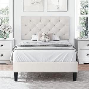 Twin Size Bed Frame with Button Tufted Headboard, Linen Upholstered Platform Bed with Wooden Slats Support, Easy Assembly, No Box Spring Required, Beige Twin Size Bed Frames, Headboard Twin Bed, Kids Twin Bed Frame, Cloth Headboard, Cheap Bed Frame, Girls Twin Bed, Twin Xl Bed Frame, Soft Headboard