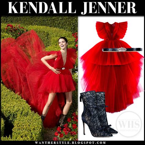 Kendall Jenner in red tulle dress and black lace boots #giambattistavalli #hm #gown #tulle #dress #reddress #laceboots #holiday #party #outfit #fashion #style #designer #celebrity #editorial #inspiration #kendalljenner Red Ruffled Party Gown, Red Tulle Ruffle Dress, Kendall Jenner Lace Dress, Kendall Jenner Feather Dress, Celebrity Editorial, Kendall Jenner Giambattista Valli, Vogue Party, Red Tulle Dress, Black Lace Boots