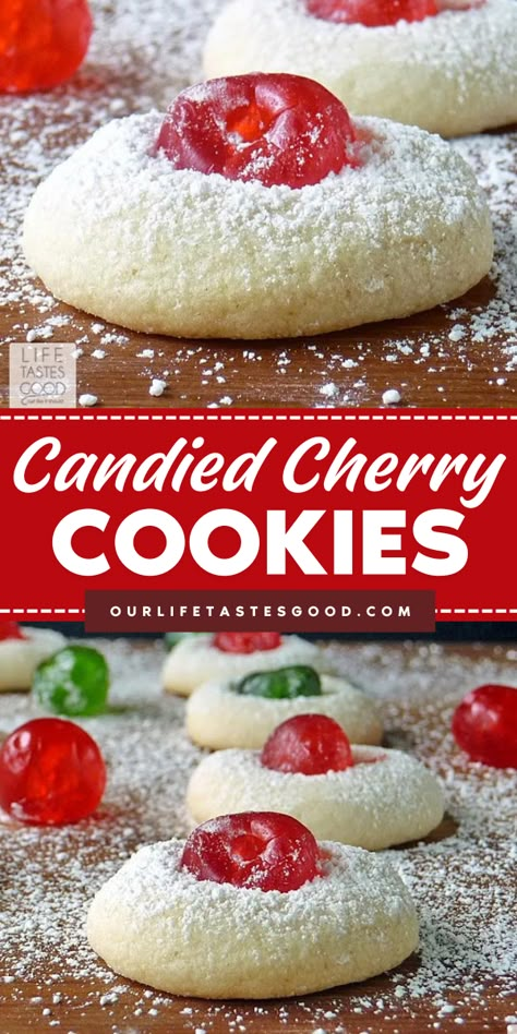 Make your holiday special with Candied Cherry Cookies, the perfect Christmas dessert recipe! These delicious vanilla cookies topped with sweet candied cherries are a must-have addition to your Christmas cookie tray. They’re truly the best Christmas cookies. Enjoy the festivities! Cookies With Cherries In Them, Cookies With Candied Cherries, Mari Chino Cherry Cookies, Candied Cherry Recipes, Christmas Cookies With Cherries, Recipes With Candied Cherries, Glace Cherry Recipes, Candied Cherry Cookies, Cherry Drop Cookies