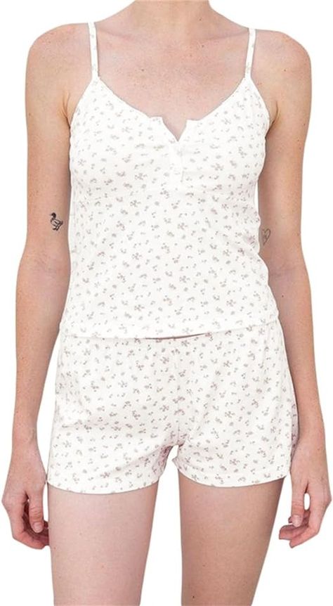 Seyurigaoka Women Y2k 2 Piece Lace Shorts Set Sleeveless V Neck Cami Top with Shorts Pajamas Sets Sleepwear at Amazon Women’s Clothing store Brandy Pjs, Kawaii Pajamas, Tube Top And Shorts, Tank Outfit, Set Outfits, Backless Crop Top, Fairy Grunge, Cami Crop Top, Short Pajama Set