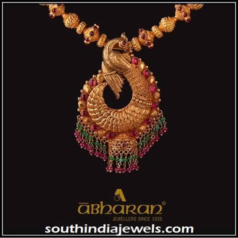 Classic gold antique peacock pendant from Abharan Jewellers. For inquiries please contact info@abharan.com. Gold Temple Jewellery, Neck Pieces Jewelry, Gold Jewelry Outfits, Peacock Pendant, Gold Jewelry Simple Necklace, Beautiful Gold Necklaces, Gold Necklace Indian Bridal Jewelry, Antique Bridal Jewelry, Gold Jewelry Stores