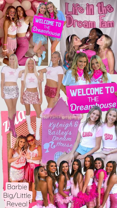 Sorority Barbie Big/Little reveal theme! #barbieoutfit #barbiemovie #barbieaesthetic #barbie #barbiebiglittlereveal #biglittle #biglittlereveal #sorority #sororityrush #sororitylife #biglittleideas Big And Lil Reveal Ideas, Sorority Reveal Themes, Barbie Big Little Reveal, Big Little Reveal Themes Sorority, Barbie Sorority, Sorority Party Themes, Big Little Reveal Themes, Sorority Recruitment Themes, Big/little Baskets