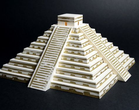 Mayan Pyramid, kit with pre-cut and lino printed parts || paper craft model of pyramid of Kulkulkan || limestone and gold color Pyramid Architecture, Maya Temple, Step Pyramid, Mayan Cities, History Project, Miniature Models, Ancient Mayan, Year 5, White Glue