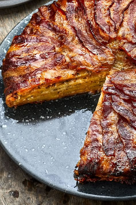 Potato Bacon Cheddar Tart, Potato Comfort Food, Potato Bacon And Cheddar Tart, Potato Rounds With Cheese And Bacon, Bacon And Sausage-stuffed Potato Loaf, Bacon Potato Pie, Bacon Cheese Potatoes Oven, Savoury Pies Recipes, Autumn Recipes Dinner Comfort Foods