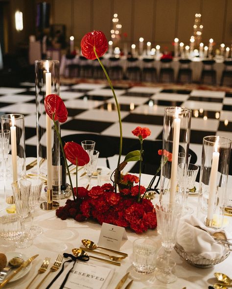 Absolute scenes at The Ritz for Taylor & Hamish's wedding soiree. This speakeasy jazz club inspo was a delight to bring to life, and we had a ball working on this wedding design. From the black and white dance floor, to the stunning red pops of @honeybunchbotanicals epic arrangements, this one was perfection from start to finish. Photographed to perfection by @mitchandtijana The team on this one: Venue @ritzcarltonperth Florals @honeybunchbotanicals Furniture @eventartillery Tableware @h... Black And White Wedding Pop Of Red, Modern Red Centerpieces, Red White And Black Flower Arrangements, Jazz Club Wedding Theme, Jazzy Wedding Theme, Red Black White Gold Wedding Decor, Black Red White Wedding Decorations, White Black Red Wedding, Jazz Themed Wedding