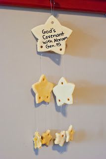 Salt dough stars mobile for Abraham. Make stars ahead of time. Paint and hang for craft. Homemade Salt Dough, Stars Mobile, Jesse Tree, Children's Church Crafts, Bible Story Crafts, Preschool Bible, Vbs Ideas, Christian Crafts, Bible Crafts For Kids