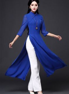 Blue tunic while pants  Blue tunic while pants Vietnamese Fashion, Arabian Dress, Stile Hijab, Dresses Cotton, Linen Robe, Chinese Style Dress, Vietnamese Dress, Qipao Cheongsam, Long Kurti Designs