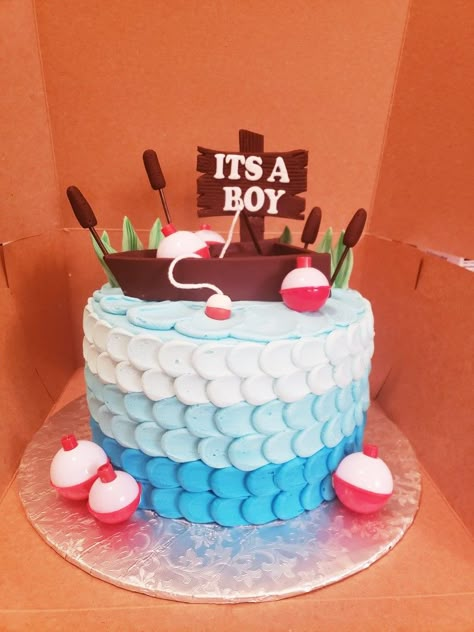 Fishing baby shower cake Lake Baby Shower Theme, Fish Gender Reveal Cake, Fishing Themed Baby Shower Ideas, Fish Baby Shower Theme, Fish Theme Baby Shower Ideas, Fisherman Baby Shower Ideas, Fishing Baby Shower Cake, Fish Themed Baby Shower Ideas, Fish Baby Shower Ideas