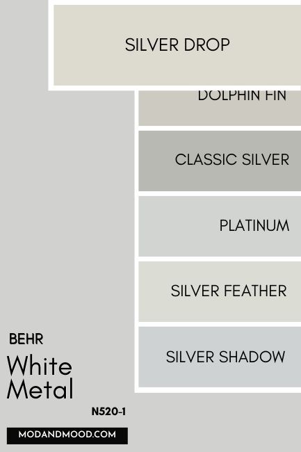 A large swatch of Behr White Metal with swatches down the side comparing Silver Drop, Dolphin Fin, Classic Silver, Platinum (Sterling), Silver Feather, and Silver Shadow. Behr Platinum Paint Color, Behr White Metal, Sw Passive, Silver Paint Walls, Behr Silver Drop, Behr Paint Colors Grey, White Grey Paint, Dolphin Fin, Light Grey Bathrooms