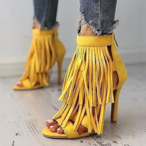 Yellow Suede Fringe Sandals Stiletto Heel Sandals for Work, Party | FSJ #highheels #shoes #shoefashion #fashionlover #shoeslover #shoelover #shoeaddict #shoeaddiction #style #look #simmishoes #lovely #beautiful #stylish #fashionista #details #accesories #accesorios #ootdmagazine #ootnmagazine #rtw #readytowear #bloggerstyle #streetstyle #streetwear #streetwearfashion Summer Orange, Fringe Fashion, Fringe Sandals, Shoe Shopping, Trendy Sandals, Yellow Shoes, Denim Color, Many Shoes, Boots Flats