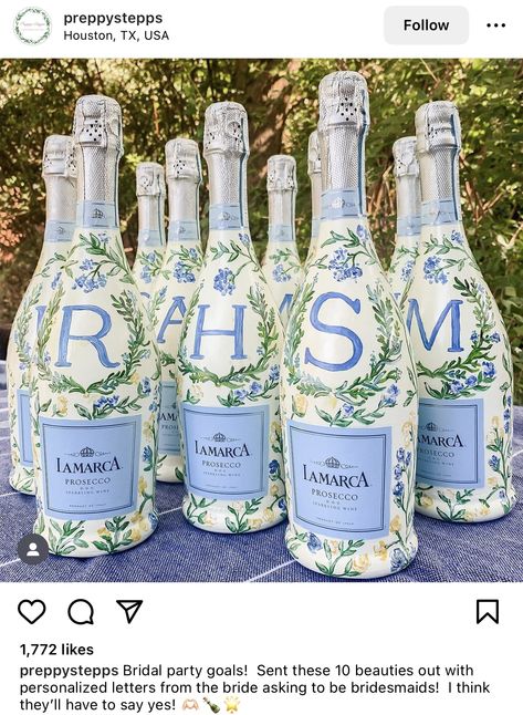 Blue Bridal Shower Favors, Lamarca Prosecco, Bedazzled Liquor Bottles, Custom Champagne Bottle, Prosecco Bottle, Disney Bridal Showers, Ocean Theme Party, Hand Painted Bottles, Asking Bridesmaids