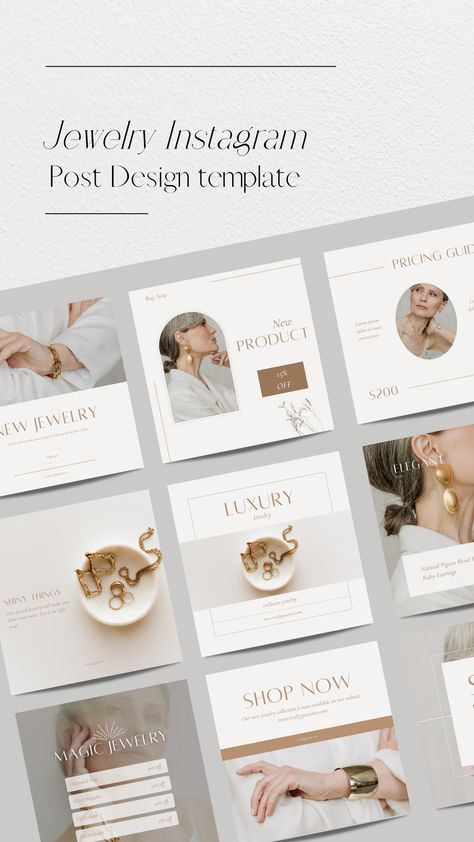 Social media template for elegant jewelry featuring a minimalist design with gold accents and a modern sans serif #Jewelry_Social_Media #Engaging_Posts #Inspo_Design #Insta_Layout Hair Feed Instagram, Jewelry Social Media, Instagram Photoshop, Engaging Posts, Insta Layout, Ads Creative Advertising Ideas, Documents Design, Instagram Template Design, Social Media Presence