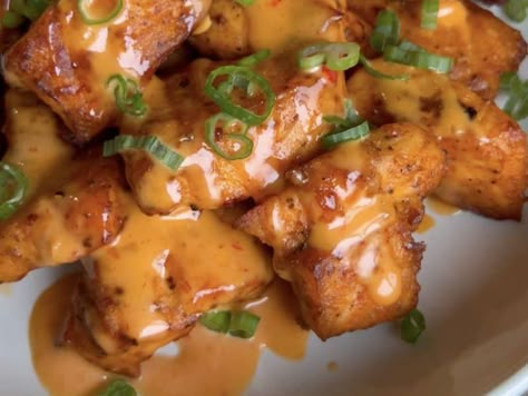 Cajun Bang Bang salmon bites Recipe - Whisk Fire Cracker Salmon Bites, Bang Bang Salmon Bites Air Fryer, Cajun Bang Bang Salmon Bites, Salmon Bang Bang, Salmon Chunks Recipe, Cajun Salmon Bites, Scotland Recipes, Bang Bang Salmon Bites, Bang Bang Salmon