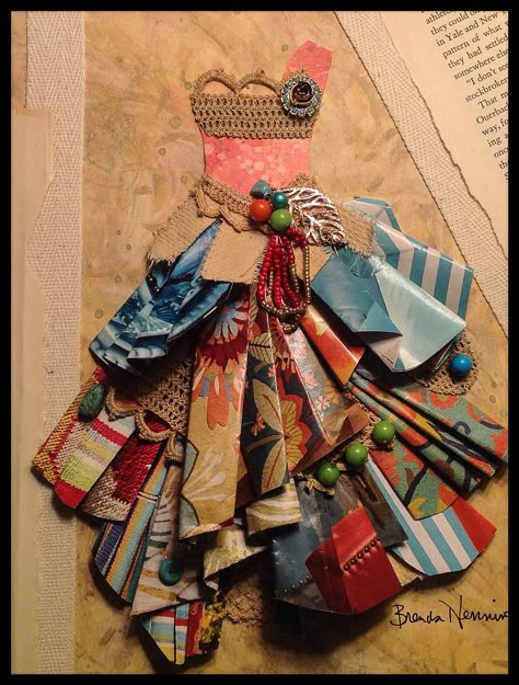 Bright paper dress...crochet trim and beads. By Brenda Henning Mixed Fabric Dress, Dress Form Art Mixed Media, Dress Made From Book Pages, Mixed Media Dress Art, Paper Manipulated Dresses, Dress Made Of Paper Recycled Fashion, Paper Doll Art Mixed Media, Paper Dress Art, Paper Fashion