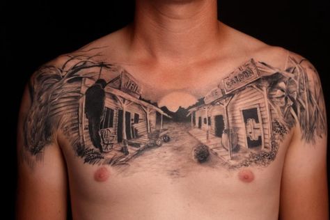 Ghost town tattoo...awesome Western Chest Tattoo, Ghost Town Tattoo, Cowboy Ghost Tattoo, Ghost Cowboy Tattoo, Halloweentown Tattoo Ideas, Undead Cowboy Tattoo, Town Tattoo, Tattoos Chest, Western Tattoo