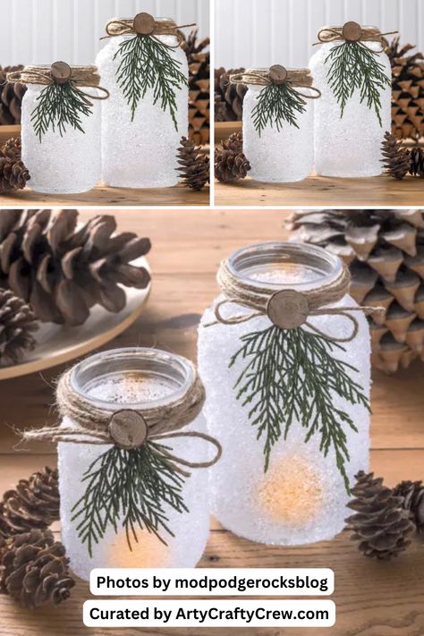 Looking for quick and cute handmade Christmas decorations? Try these DIY mason jar crafts! Visit my website, Arty Crafty Crew, to see the full curated list of these DIY projects. Holiday Glass Jar Decor, Oui Christmas Jars, Jar Decorating Ideas For Christmas, Snow Covered Mason Jars, Twine Mason Jars, Mason Jar Epsom Salt Christmas, Diy Christmas Decorations Mason Jars, Xmas Mason Jar Crafts Diy Christmas, Diy Crafts With Glass Jars