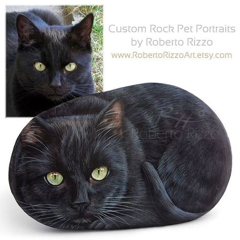 285 Likes, 10 Comments - Roberto Rizzo (@robertorizzoart) on Instagram: “Elvis - #acrylic on rock - 5'' A new #commissioned #cat rock #portrait just finished. Would you…” Black Cat Painting, Rock Painting Tutorial, Painted Rock Animals, Hand Painted Cat, Painted Rocks Kids, Cat Artwork, Pet Rocks, Rock Painting Designs, Rock Painting Art