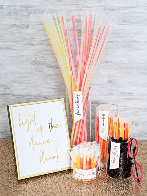 Check out this DIY wedding glow stick bar, so cute! Popsicle Wedding Ideas, Glow Stick Display At Wedding, Light Up The Dance Floor Wedding, Foam Glow Sticks Wedding Display, Wedding Glow Stick Display, Unique Wedding Ideas Creative Receptions, Glow Sticks Wedding, Brighton Wedding, Light Up The Dance Floor