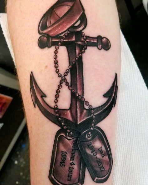 Custom Memorial anchor tattoo by @jordyngrinetattoo Us Navy Tattoos, Navy Anchor Tattoos, Naval Tattoos, Small Anchor Tattoos, Tattoo Anchor, Tattoos For Dad Memorial, Navy Tattoos, Anchor Art, Anchor Cross